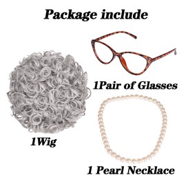 ColorGround ColorGround Kids Old Lady Gray Curly Cosplay Wig 100th Day of School with Pearl Necklace and Glasses