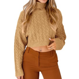 Saodimallsu Women's Pullover Cropped Turtleneck Cable Knit Long Sleeve Chunky Pullover Winter Sweater, brown, S