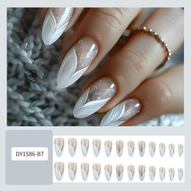 CJDLTS Mermaid Tail French Tip Press on Nails Medium Almond False Nails Glitter Powder Design Acrylic Nails Full Cover Artificial Nails Acrylic Stick on Nails Glossy Glue on Nails for Women 24Pcs