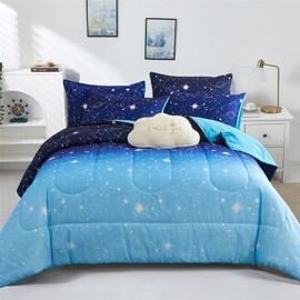 KAKKI Blue Ombre Glitter Galaxy Comforter Set Queen Size for Boys Girls, Sparkle Constellation Starry Sky Comforter for Kids Teen, 3pc Soft Bedding Sets with 2 Pillow Cases for All Season(Blue,Queen)