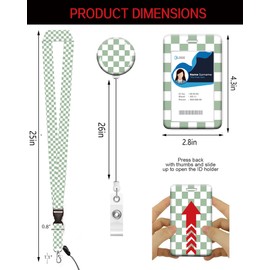 ID Badge Holder with Retractable Lanyard and Keychain, Badge Reel with Rotate Carabiner Clip,Cute Green Checkered Card Name Tag Lanyard ID Protector Bage Clips for Student, Women, Office