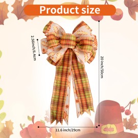 TONIFUL Large Thanksgiving Fall Bows for Wreaths Pumpkin Green Orange Buffalo Plaid Burlap Bows Wreath Bow Tree Topper Bow for Front Door Home Gift Outdoor Indoor Decorations Thanksgiving Christmas
