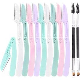 10 Perfiladores Plegables Faciales Navaja para Ceja Rostro Bigote Colores Pasteles + 2 Brochas Diagonal Ceja Maquillaje