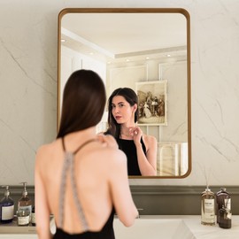 LOAAO 24X32 Inch Bathroom Mirror with Wood Grain Colored Metal Frame, Rounded Rectangle Metal Framed Bathroom Mirror, Anti-Rust, Hangs Horizontally or Vertically