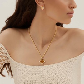 Fettero Dainty Gold Necklace for Women - Double Sided Pendant Necklace 14K Gold Plated Charm Clover Necklace Jewelry for Valentine's Day - Brownish yellow