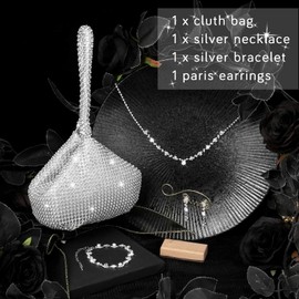 Meanplan 4 Pcs Silver Clutch Purse Jewelry Set for Women Evening Rhinestone Purse Silver Accessories for Women Bride Wedding(Charming Style)