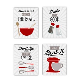 Red Retro Vintage Kitchen Wall Art Prints - Set of 4-8x10 UNFRAMED Gray, Red & White Kitchen Utensil Prints Perfect for Rustic, Modern Farmhouse, Country Decor.