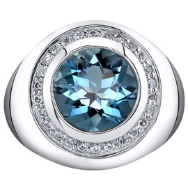 PEORA Men's Genuine London Blue Topaz Signet Ring 925 Sterling Silver, Large 5.50 Carats Round Shape 11mm, Size 13, Durable Statement Ring, Premium Men's Birthstone Ring w/Jewelry Box