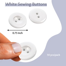 White Buttons for Sewing Pack of 50 3/4" (19mm) 2 Hole Round Plastic Buttons Glossy 0.75 inch 30L Plain Bulk Sewing Buttons for Lab Coat Pants Suit Workwear School Outfits Aprons Crafts DIY