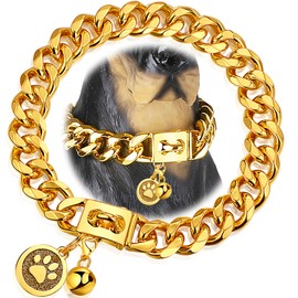 iDofas Gold Dog Chain Collar 19mm Cuban Link Dog Collar with Snap Buckle 18K Gold Plated Stainless Steel Metal Dog Chain Collars for Puppy Small Medium Large Dogs Includes Dog tag & Bell(20")