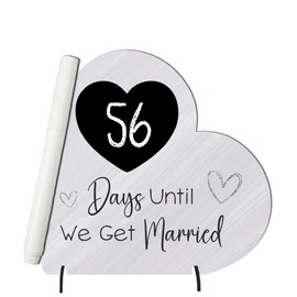 Wedding Countdown Plaque - Medium MDF Wood Heart-Shaped Keepsake - Days Until We Get Married with Optional Chalk Pen (Grey, with Pen)