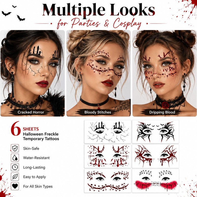 Halloween Freckle Temporary Tattoo Stickers 6 Sheets Scary Bloody Drip