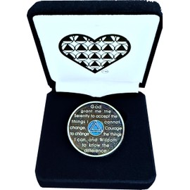 AA 1-Year Crystal & Blue Glitter Sobriety Coin – Black Velvet Gift Box with Heart AA Symbol – Elegant Anniversary Token – Unisex Recovery Gift