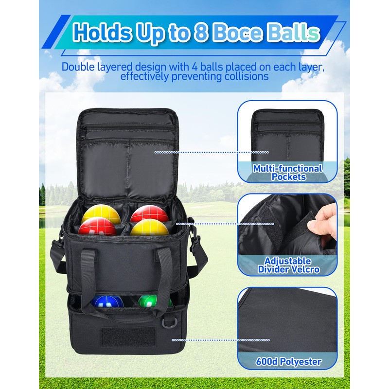 Bocce Ball Bag,Portable Bocce Ball Storage Case Holds 8 Balls,Double-Layer