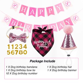 Dog Birthday Bandana Set Dog Girl Birthday Hat Happy Birthday with Numbers for Small Medium Dogs Pets, Pink Dog Birthday Decorations with Bow (Pink, M)