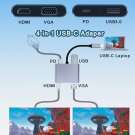 USB C to VGA Multi Adapter, 4-in-1 USB C to HDMI VGA Adapter for Dual Monitors with PD Charging and USB 3.0 Port, 1080p Display Adapter Compatible with MacBook Pro, Surface, Dell XPS, HP, and More