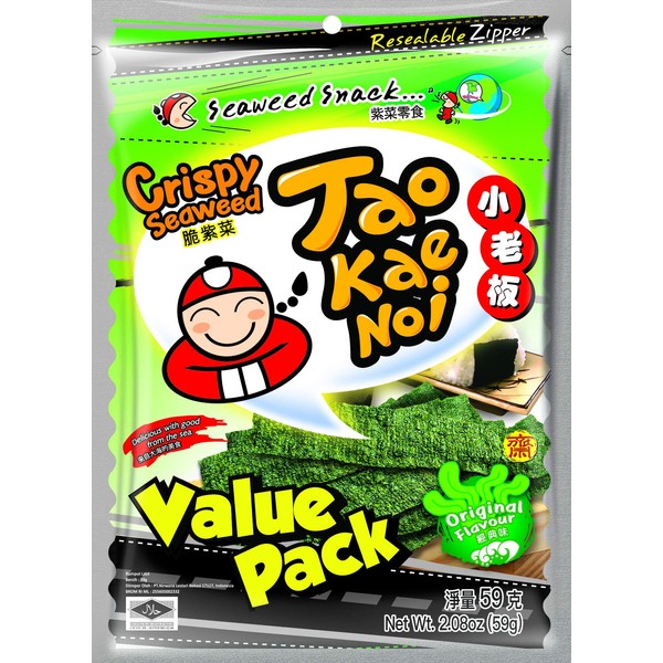 Crispy Dried Seaweed Snack Crisps by Tao Kae Noi | Thai Seaweed Chips | Healthy Nori Snacks for Kids and Adults | Original Flavor | 6 Pack, 2.08 oz Bags