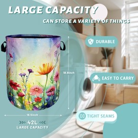 Watercolor Flowers Laundry Basket Wildflower Foldable Funny Laundry Hamper Oxford Cloth Floral Tote Bag Clothes Storage Bucket Toy Organizer 18.9"x16.5"For Bathroom/Laundry Storage/Bedroom