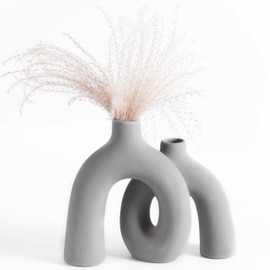 Ceramic Hug Vase (Soft Gray) Modern Donut Style Hugging Vases for Flowers Minimalist Decor – Hollow Ceramic Waterproof Home Decor Vases for Living Room, Bed Room, Book Shelf, Entryway Table.