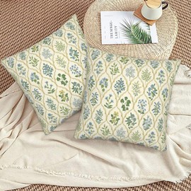 DILOXNSU Cushion Covers 45 x 45 cm Vintage Botanical Floral Grid Print Set of 2 Double Sided Pillow Covers 18x18 Inch Decorative Boho Cushions Cases Linen Decorations Garden Patio Furniture Sofa Decor