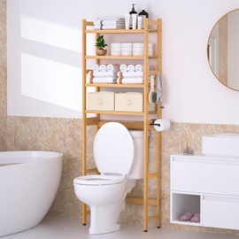 Cozivolife Over The Toilet Storage with 2 Baskets, 4-Tier Bamboo Organizer Rack with Paper Holder & 4 Hooks & Waterproof Feet Pad,Freestanding Shelf for Bathroom(Natural)