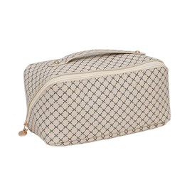 GIDARY Travel Makeup Bag for Women, Large Capacity PU Leather Waterproof Checkered Cosmetic Bags, Portable Pouch Open Flat Toiletry Bag, Make up Organizer with Divider and Handle Beige