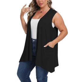 OLRIK Lightweight Plus Size Cardigan with Pocket Sleeveless Cardigans for Women Summer Black-2X