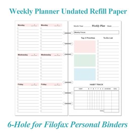A6 Weekly Planner Refills for Filofax Personal Binders, 53 Sheets/106 Pages Undated Colorful Weekly Planner, 6-Hole Punched, 100 gsm White Paper, Lasts 1 Year, Undated, 3.75" x 6.75"