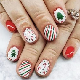 Christmas Press on Nails White Short Square - ZWENJIE Winter Cute Red Glossy Fake Nails with Nail Glue Acrylic Artificial False Nails Xmas Tree Crutch Line Full Cover Stick on Nail Kit for Woman 24PCS
