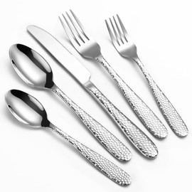 Hammered Silverware Set, 40-Piece Heavy Duty Stainless Steel Flatware Sets for 8, Food-Grade Cutlery Set for Home Restaurant, Mirror Polished, Dishwasher Safe