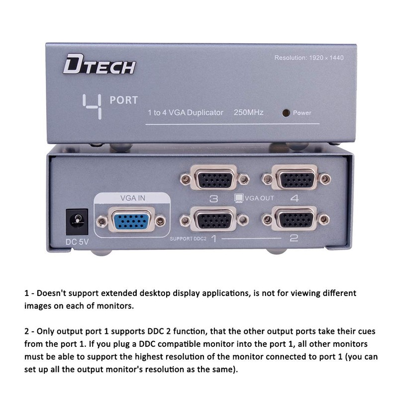 DTECH Powered 4 Port VGA Splitter Box Video Distribution Duplicator