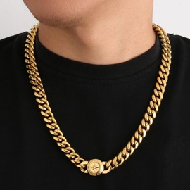 KRKC&CO 12 mm Men's Curb Chain with Lion Head/Skull Clasp, 18K Gold Plated Cuban Link Chain, Stainless Steel Miami Cuban Link Chain, Hip Hop Necklace for Men Boys [Size 46-61 cm], Stainless Steel Gold