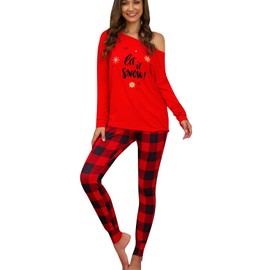 EFOFEI Women's Christmas Pajamas Reindeer Snowflakes Suit Vintage Xmas 2 Pieces Set Outfit Sleepwear Red 4XL