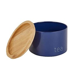RA-HOMESTORE® New Boasting A Contemporary Design Navy Tea, Coffee and Sugar Metal Stacking Canisters With Wooden Lids