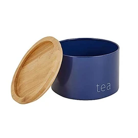 RA-HOMESTORE® New Boasting A Contemporary Design Navy Tea, Coffee and Sugar Metal Stacking Canisters With Wooden Lids