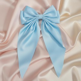 Light Blue Jumbo Silky Satin Bow Clip Hair Barrettes with Long Tails - Large French Metal Bowknot Hairpins for Girls