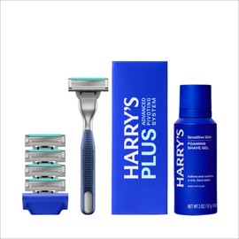 Harry's Plus Shaving Kit for Men - Premium Handle, 5 Razor Blade Cartridges, Foaming Shave Gel, and Travel Blade Cover - TSA Approved Travel Essentials - Advanced Pivoting System - Tide