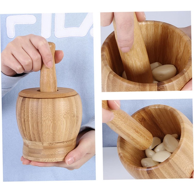 LABRIMP -in-one Garlic Press Set Bamboo Pot Pestle Food Garlic