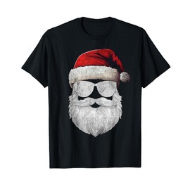 Santa Claus Face Sunglasses Beard & Christmas Hat Funny Xmas T-Shirt
