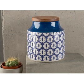 Mikasa Drift Ceramic Storage Canister for Tea, Coffee or Sugar, Hand Decorated Blue Batik Design, Wooden Lid, 12.5cmx12cm, 900ml