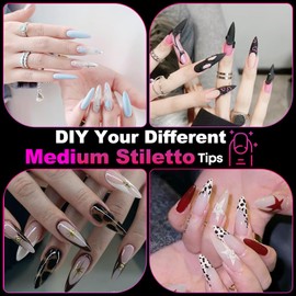 Ditran Medium Stiletto Gel Nail Tips Full Cover 504Pcs Pre-Shaped Etch X Nail Tips Fake Nails Soft Gel Nail Extension Acrylic Tips Stiletto Press On Nails 12Sizes False Nails for Home Art Salon