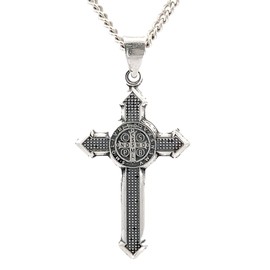 RP 925 Saint Benedict Cross and Medal Pendant, Sterling Silver, Front and Back Design Patron Saint of Protection Fine Religious Jewelry for Him & Her (Cross + 24" Chain)