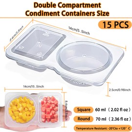 15Pcs Condiment Container with Lids, 2 Compartment Reusable Snack Containers, Transparent Salad Dressing Sauce Box for Refrigeration, Portion Control, Outdoor Takeaway Sauce Dip Case