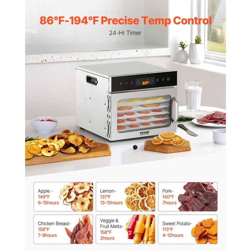 6-Tray Stainless Steel Food Dehydrator Machine 400W Electric Dryer with