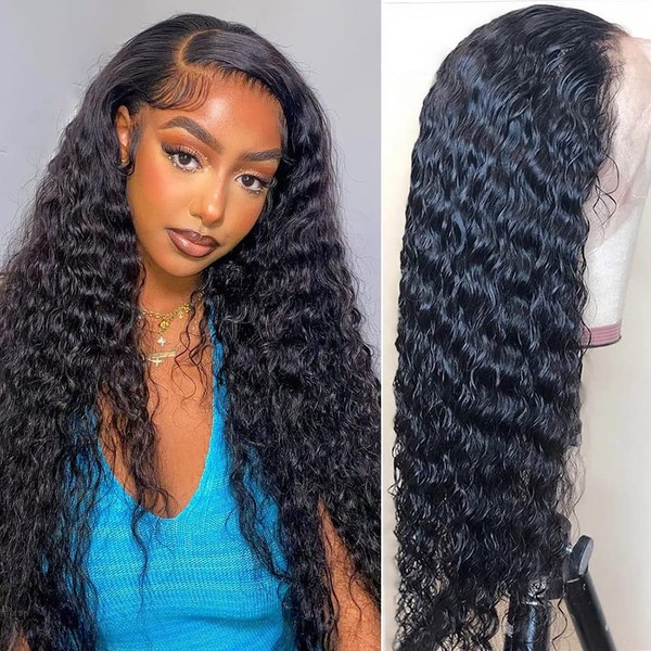 Water Wave Lace Front Wigs, Human Hair, 30 Inches, Black Wig, Brazilian Long Real Hair Wig, Curly Lace Wig for Black Women, 13 x 4 Lace Front Wig, Pre Plucked with Hairline, 150% Density