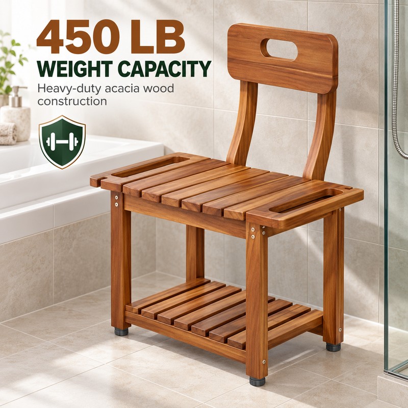 23.4 Inch Acacia Wood Shower Chair with Removable Backrest, 450