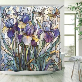 Stained Glass Shower Curtain Purple Floral Flowers Green Leaves Dragonfly Abstract Wildflower Nature Plant Bathroom Decor Polyester Fabric Curtains with Hook 70Wx70H Inches