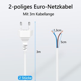 VIEVRE 2 pieces cable with plug, 3 m power cable, 2-pin, connection cable with plug 2 x 0.75 mm², power cable with plug, plug with cable, Euro plug connection cable, cable 2-pin with plug, white