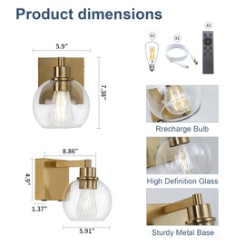 HONGREN Battery Operated Wall Sconces Set of Two Glass Gold Cordless Rechargeable Wall Sconces with Remote Control LED Dimmable Wall Lights for Living Room Hallway (2 Pack)