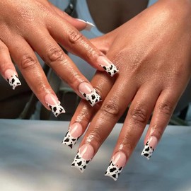 BABLAL Square Press on Nails Medium Fake Nails Cow Print French Tip Glue on Nails Squoval False Nails 24Pcs Manicure Stick on Nails